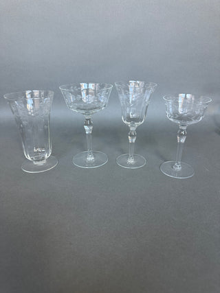 Vintage Mid-Century Cut Crystal Stemware Suite — Grape & Vine, 31 Pieces, Six Shapes