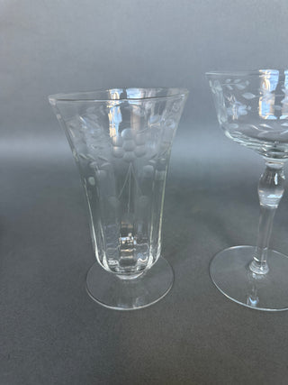 Vintage Mid-Century Cut Crystal Stemware Suite — Grape & Vine, 31 Pieces, Six Shapes
