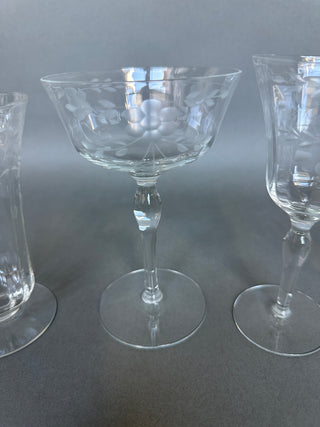 Vintage Mid-Century Cut Crystal Stemware Suite — Grape & Vine, 31 Pieces, Six Shapes