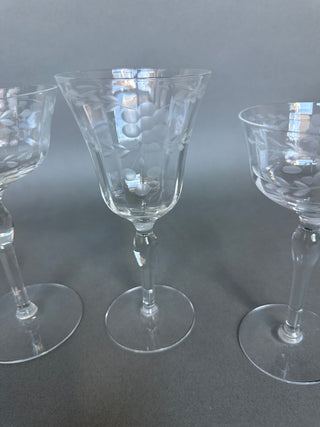 Vintage Mid-Century Cut Crystal Stemware Suite — Grape & Vine, 31 Pieces, Six Shapes