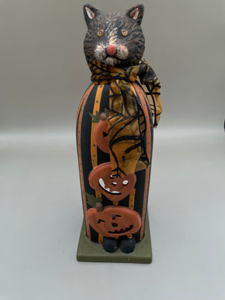 Folk Art Black Cat w/ J-O-L Candle HOlder