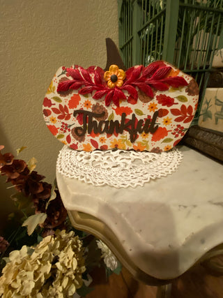Handcrafted Thankful wood pumpkin sitter