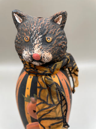 Folk Art Black Cat w/ J-O-L Candle HOlder