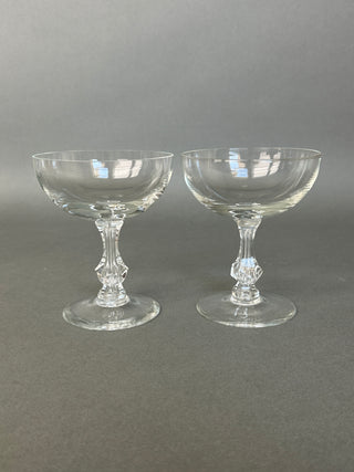 Vintage Crystal Champagne Coupes — Pair, Faceted Baluster Stem, Plain Bowls, Mid-Century
