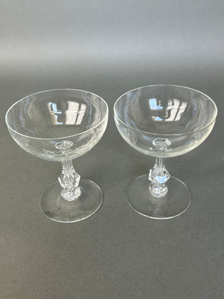 Vintage Crystal Champagne Coupes — Pair, Faceted Baluster Stem, Plain Bowls, Mid-Century