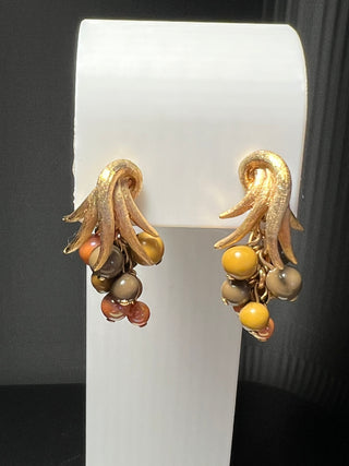 Brushed Gold-Tone Clip-On Earrings with Pink/Brown Accents
