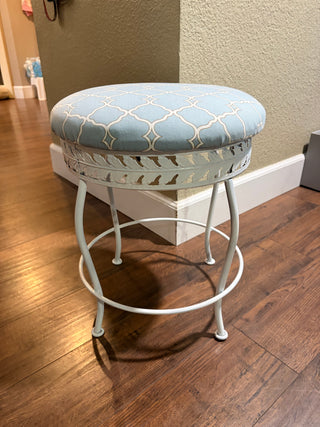 White Metal Vanity Stool with Blue Trellis Patterned Seat