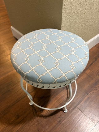 White Metal Vanity Stool with Blue Trellis Patterned Seat
