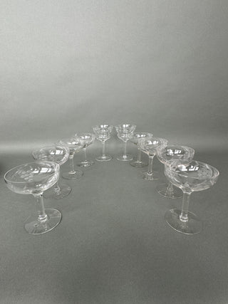 Vintage Hand-Blown Cut Crystal Grape Champagne Coupes — Set of 10, Mid-Century