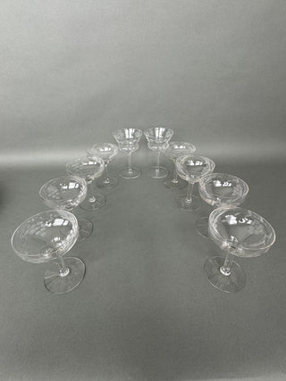 Vintage Hand-Blown Cut Crystal Grape Champagne Coupes — Set of 10, Mid-Century
