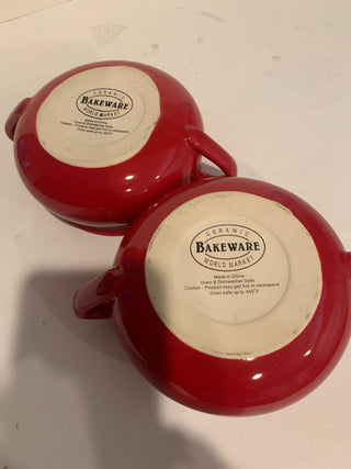 Red BAKEWARE double handle soiup crocks set/2