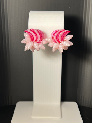Vintage Clip-on Earrings, Dark and Light Pink Acrylic with Tiny Shell Details