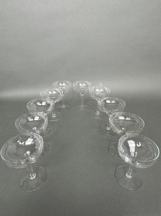 Vintage Hand-Blown Cut Crystal Grape Champagne Coupes — Set of 10, Mid-Century