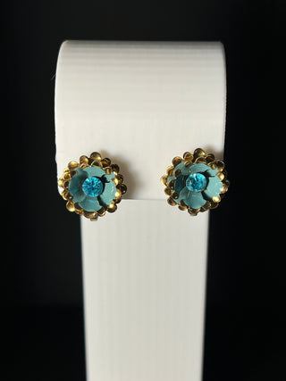 Vintage Blue and Gold-Tone Flower Screw-Back/Clip-On Earrings