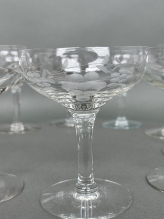 Vintage Hand-Blown Cut Crystal Grape Champagne Coupes — Set of 10, Mid-Century