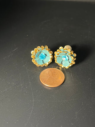 Vintage Blue and Gold-Tone Flower Screw-Back/Clip-On Earrings