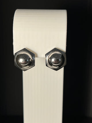 Vintage Silver-Tone Hexagon/Button Shaped Earrings, Screw-Back/Clip-On