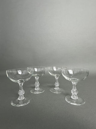 Vintage Crystal Champagne Coupes — Faceted Baluster Stem, Plain Bowls, Mid-Century