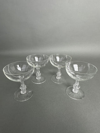 Vintage Crystal Champagne Coupes — Faceted Baluster Stem, Plain Bowls, Mid-Century