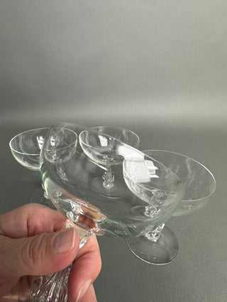 Vintage Crystal Champagne Coupes — Faceted Baluster Stem, Plain Bowls, Mid-Century