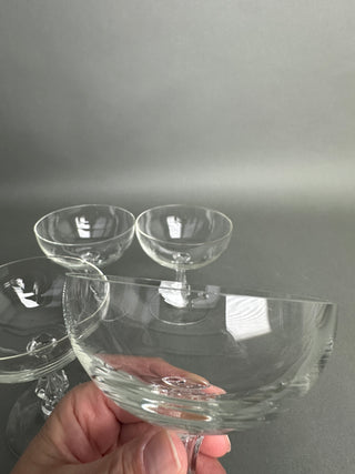 Vintage Crystal Champagne Coupes — Faceted Baluster Stem, Plain Bowls, Mid-Century