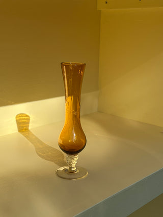 Vintage Amber Glass Bud Vase with Etched Flower Details