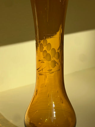 Vintage Amber Glass Bud Vase with Etched Flower Details