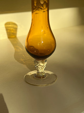 Vintage Amber Glass Bud Vase with Etched Flower Details