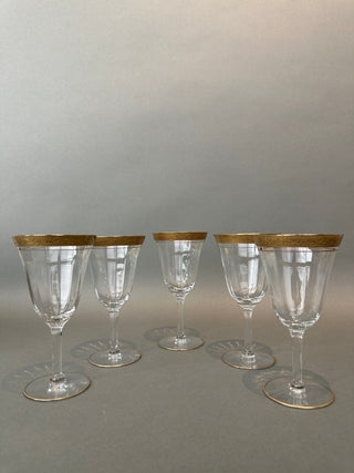 Vintage Gold Encrusted Wine Goblets — Set of 5, Optic Panel Bowls, Gilded Feet