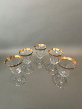 Vintage Gold Encrusted Wine Goblets — Set of 5, Optic Panel Bowls, Gilded Feet