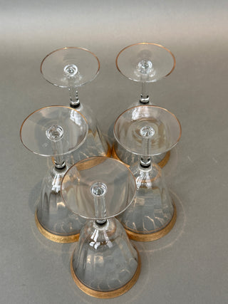 Vintage Gold Encrusted Wine Goblets — Set of 5, Optic Panel Bowls, Gilded Feet