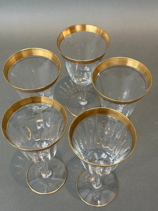 Vintage Gold Encrusted Wine Goblets — Set of 5, Optic Panel Bowls, Gilded Feet