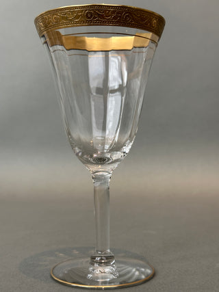 Vintage Gold Encrusted Wine Goblets — Set of 5, Optic Panel Bowls, Gilded Feet