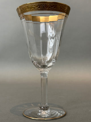 Vintage Gold Encrusted Wine Goblets — Set of 5, Optic Panel Bowls, Gilded Feet