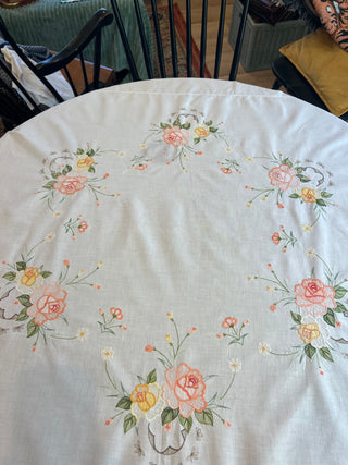 Vintage Peach Embroidered Round Table Linen