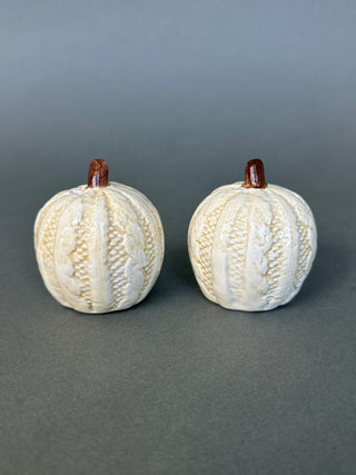 White Pumpkin Salt & Pepper Shakers — Netted Rib Ceramic, Cork Stoppers