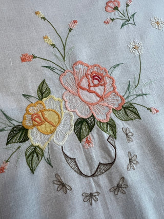 Vintage Peach Embroidered Round Table Linen