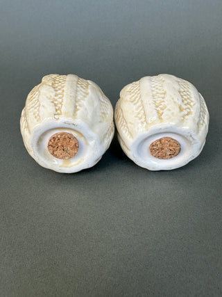 White Pumpkin Salt & Pepper Shakers — Netted Rib Ceramic, Cork Stoppers