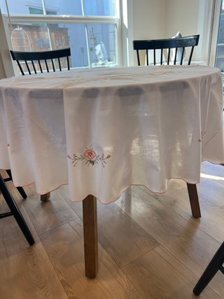 Vintage Peach Embroidered Round Table Linen