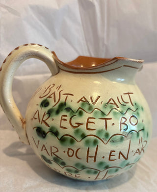 Antique Gabriel Keramik Sweden Folk Art Motto pitcher 5"