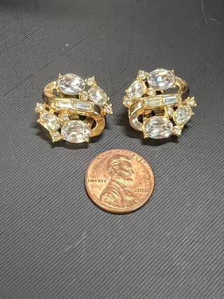 Trifari Vintage Rhinestone Clip-On Earrings, Gold Tone with Clear Rhinestones