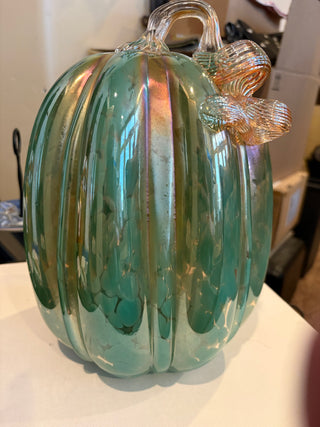 Lg. Hand-blown Iridescent Aqua Art Glass Pumpkin 11"