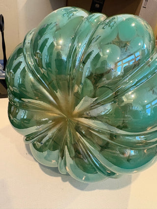 Lg. Hand-blown Iridescent Aqua Art Glass Pumpkin 11"