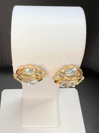 Trifari Vintage Rhinestone Clip-On Earrings, Gold Tone with Clear Rhinestones