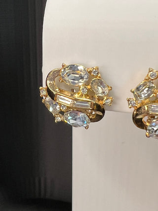 Trifari Vintage Rhinestone Clip-On Earrings, Gold Tone with Clear Rhinestones
