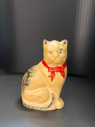 Vintage Cast Iron Bank, White and Black Cat with Red Bow, Small (4" tall)