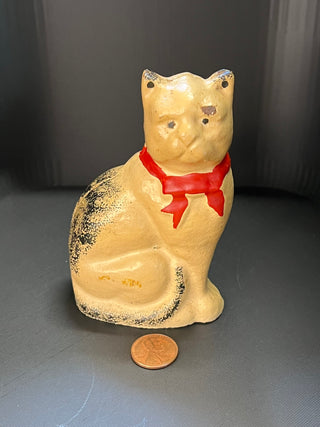 Vintage Cast Iron Bank, White and Black Cat with Red Bow, Small (4" tall)