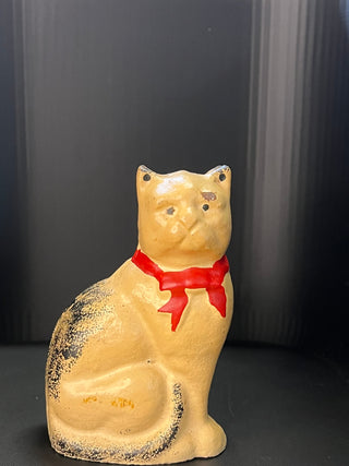 Vintage Cast Iron Bank, White and Black Cat with Red Bow, Small (4" tall)