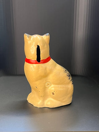 Vintage Cast Iron Bank, White and Black Cat with Red Bow, Small (4" tall)