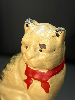 Vintage Cast Iron Bank, White and Black Cat with Red Bow, Small (4" tall)
